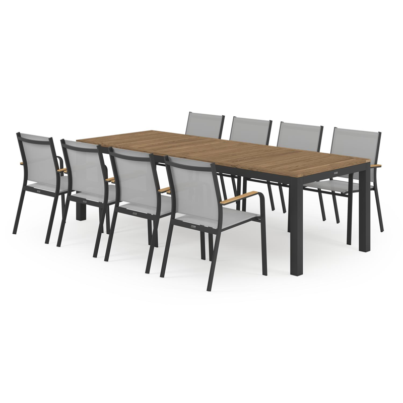 Varese tuinset in zwart aluminium en naturel teak tafelblad met 8 stapelbare Amalfi tuinstoelen