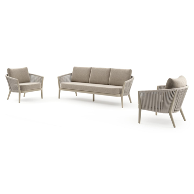 Orso loungeset in beige aluminium en beige verticaal geweven ronde rope met Chartres Pewter all weather sunbrella® luxe kussen