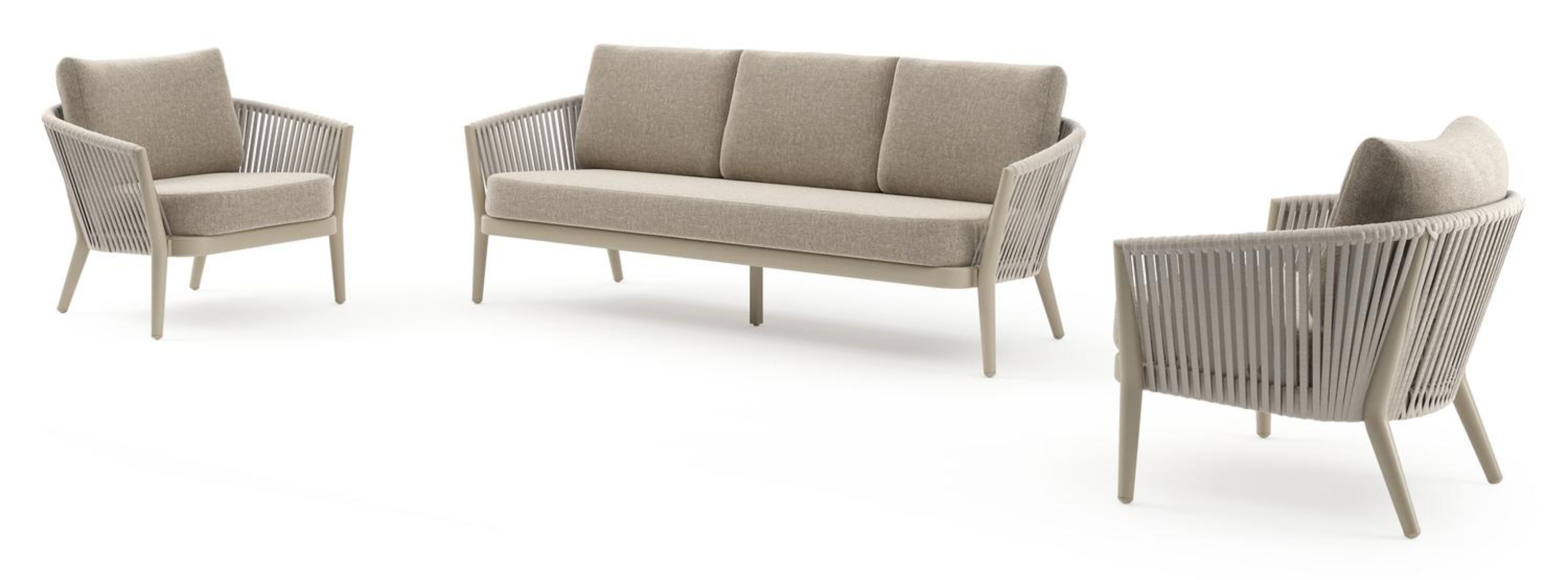 Salon de jardin Orso en aluminium beige en corde luxe plate tissée verticalement beige et coussins en all weather sunbrella® luxe Chartres Pewter