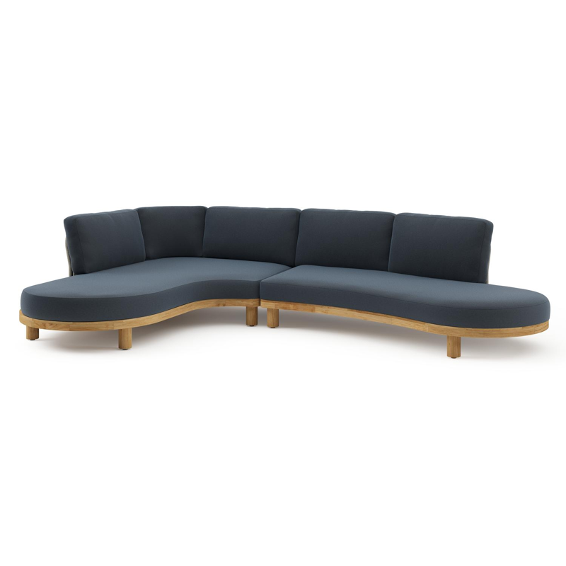 Donato loungehoek in teak en beige verticaal geweven ronde rope met all weather sunbrella® luxe Heritage Indigo kussen