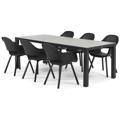 Varese tuinset in zwart aluminium en grijs volkeramiek tafelblad met 6 Artena tuinstoelen