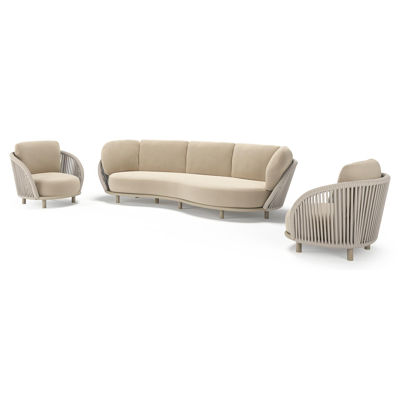 Lupino loungeset in beige aluminium en beige verticaal geweven luxe vlakke brede rope met althea chalk all weather cosytica kussen