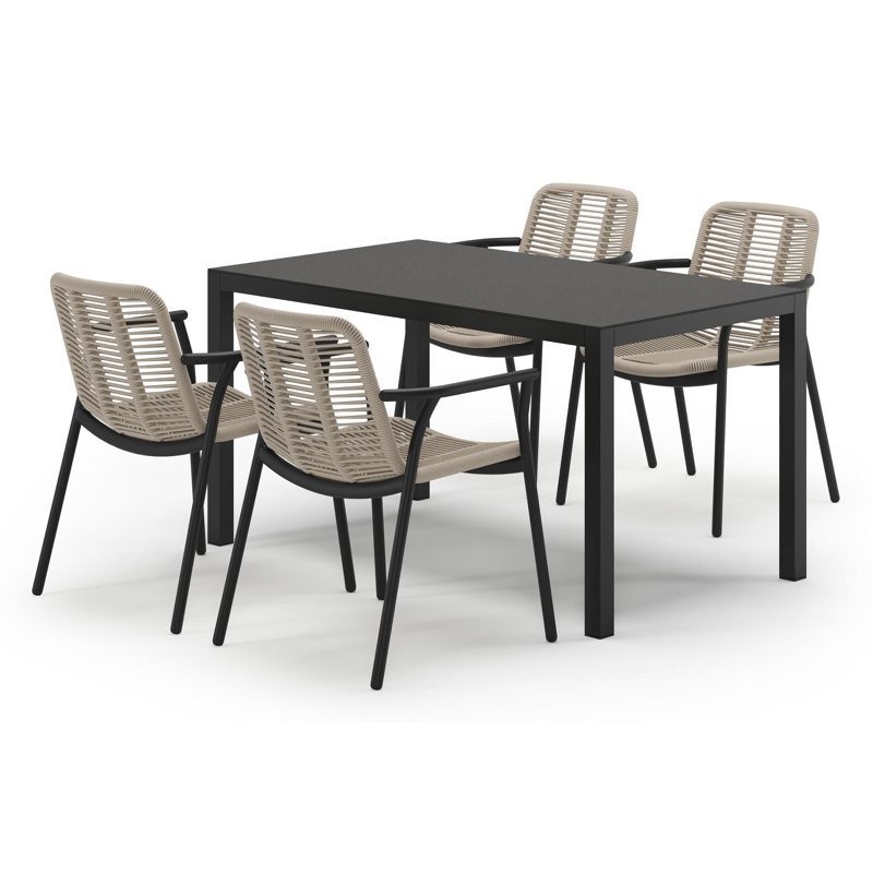 Feltro tuinset in zwart aluminium en notte minerale sintered stone met 4 stapelbare Berga tuinstoelen