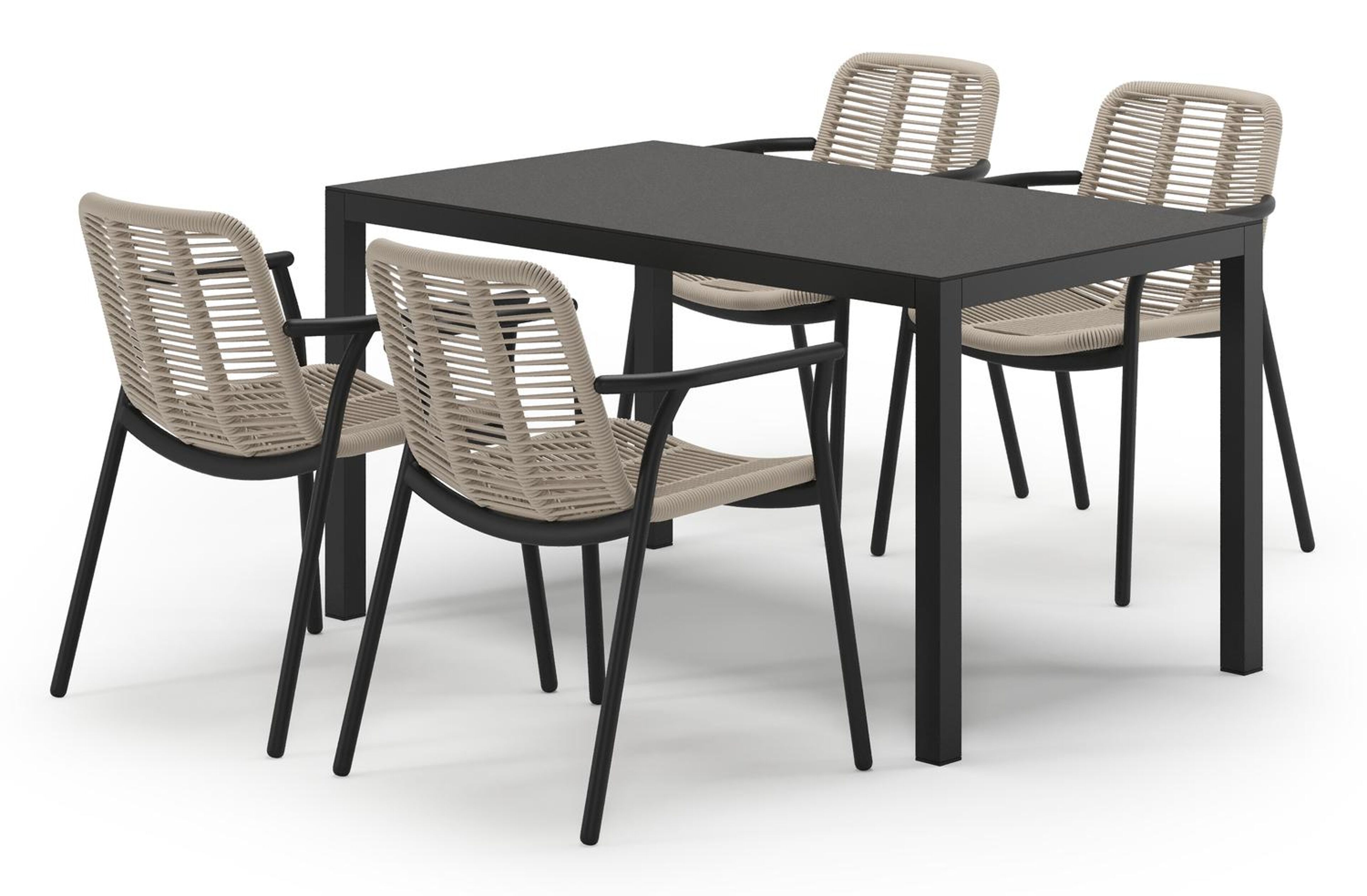 Feltro tuinset in zwart aluminium en notte minerale sintered stone met 4 stapelbare Berga tuinstoelen