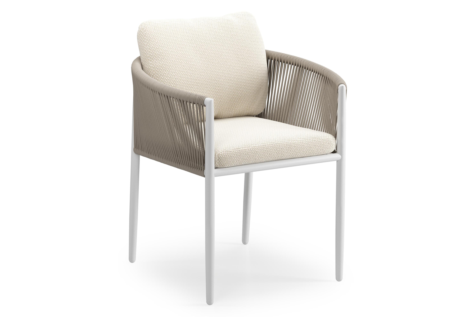Chaise de jardin Organo en aluminium beige et corde ronde tissée verticalement beige avec coussin en All Weather Cosytica Althea Off White