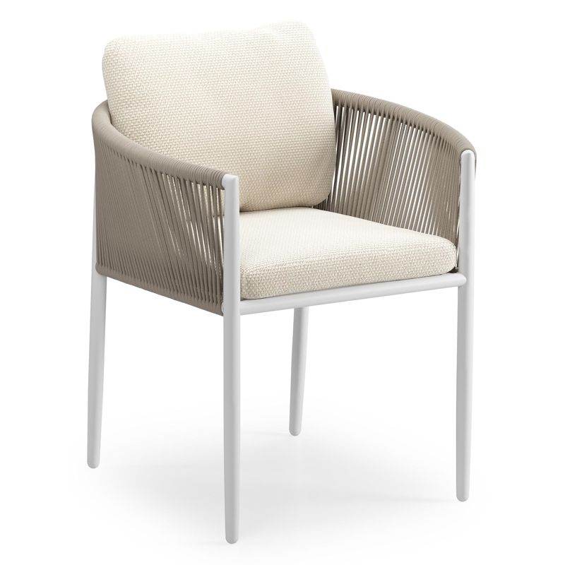 Organo tuinstoel in beige aluminium en beige verticaal geweven ronde rope met stoelkussen in All Weather Cosytica Althea Off White