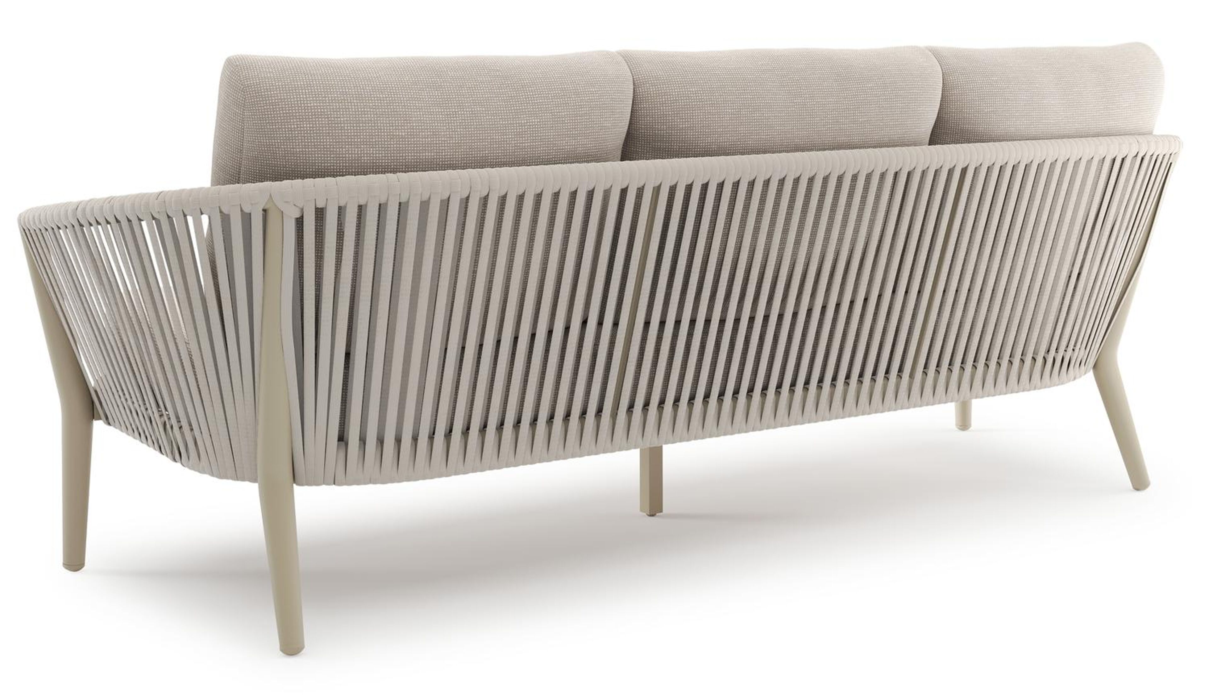 Orso loungeset in beige aluminium en beige verticaal geweven luxe vlakke rope met Slow Farafra all weather sunbrella® luxe kussen