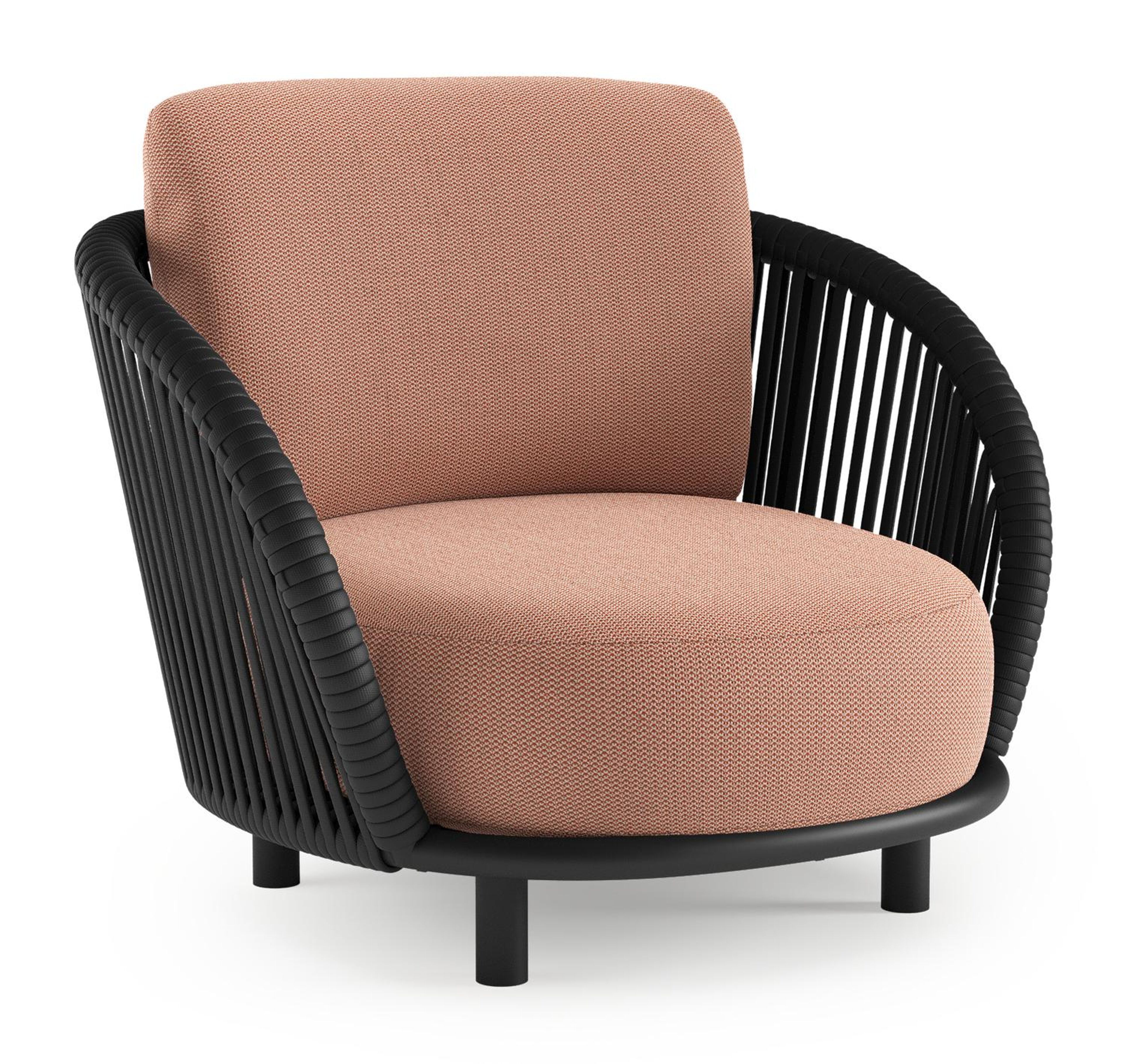 Lupino loungestoel in zwart aluminium en zwart verticaal geweven luxe vlakke brede rope met lopi fawn all weather sunbrella® luxe kussen