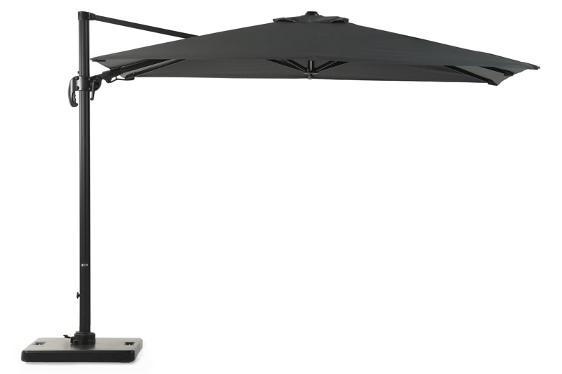 Avola zweefparasol met tiltfunctie in zwart aluminium met grijs all weather sunbrella® premium parasoldoek - L1: 300 x L2: 300 cm (met voet)