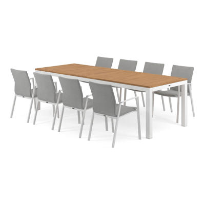 Ensemble de jardin Varese en aluminium blanc avec plateau de table en teck naturel et 8 chaises de jardin empilables Madura