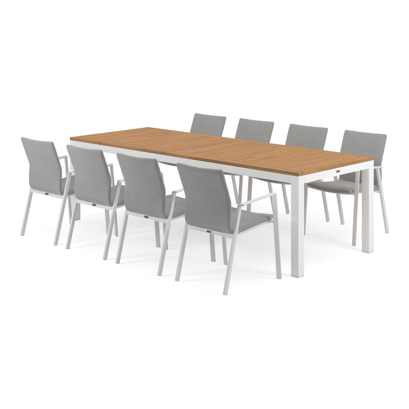 Varese tuinset in wit aluminium en naturel teak tafelblad met 8 stapelbare Madura tuinstoelen