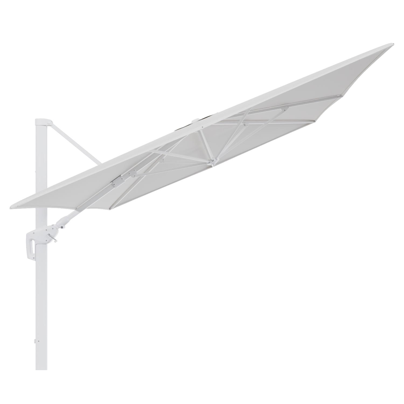 Parasol pendant Minore avec fonction tilt en aluminium blanc et toile de parasol en All Weather Solica Soul Optik - Lg.1 400 x Lg.2 300 cm (sans pied de parasol)