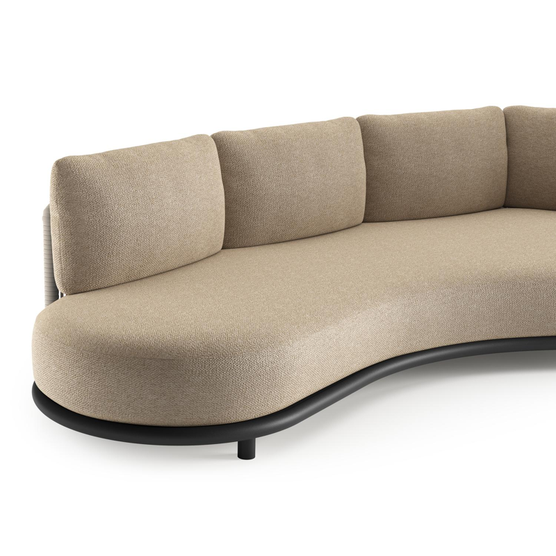 Canapé de jardin Lomano en aluminium noir et corde luxe plate tissée verticalement beige et coussins en all weather cosytica madagascar oak