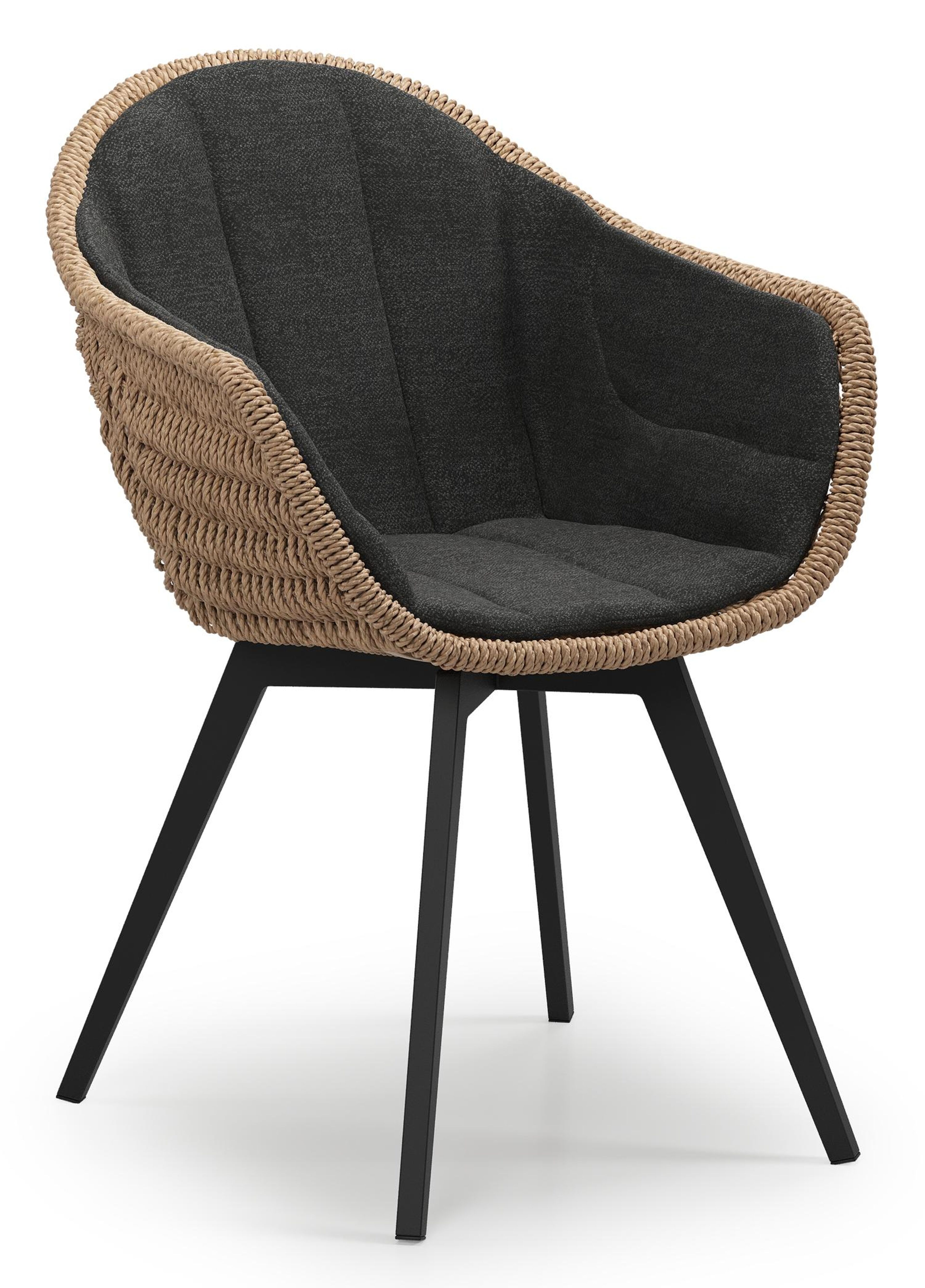 Pagino tuinstoel in zwart aluminium en naturel ronde wicker met kussen in chartres sooty all weather sunbrella® luxe