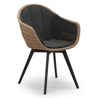 Pagino tuinstoel in zwart aluminium en naturel ronde wicker met kussen in chartres sooty all weather sunbrella® luxe