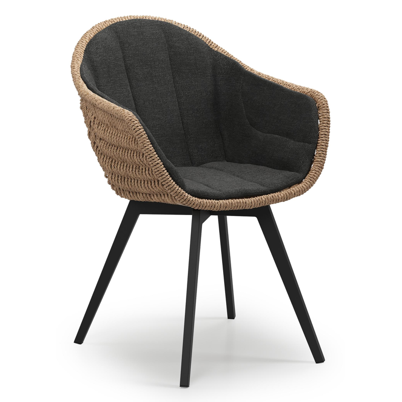 Pagino tuinstoel in zwart aluminium en naturel ronde wicker met kussen in chartres sooty all weather sunbrella® luxe