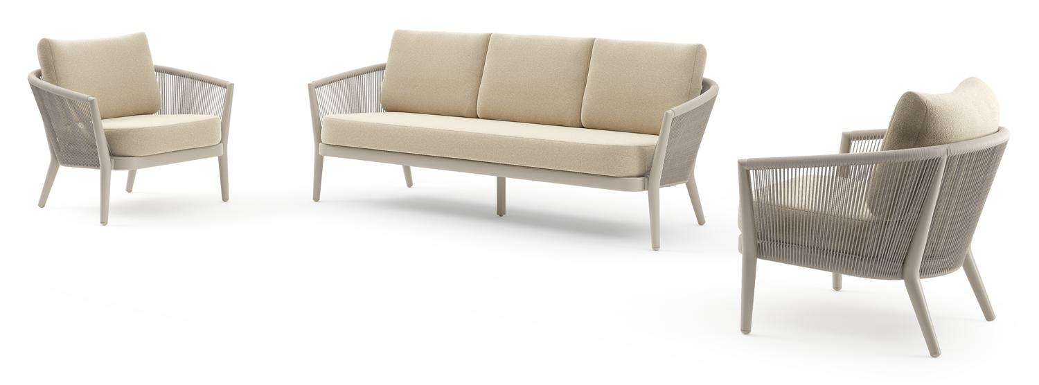 Orso loungeset in beige aluminium en beige verticaal geweven ronde rope met Soul Papyrus all weather solica kussen