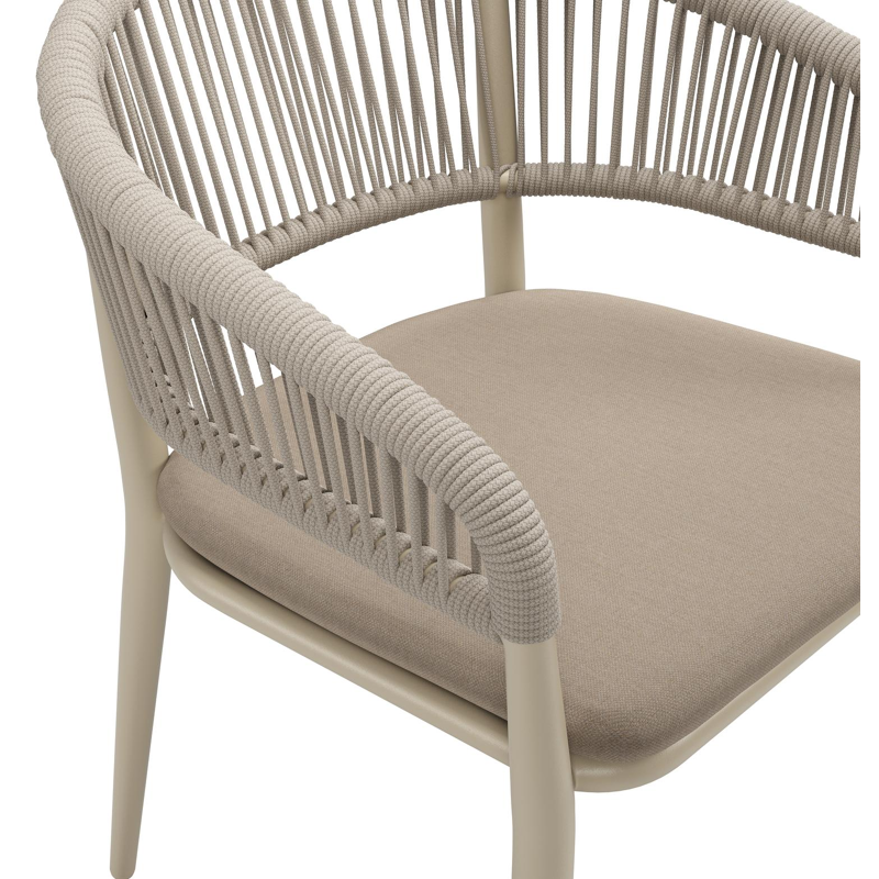 Tolfa stapelbare tuinstoel in beige aluminium en beige verticaal geweven ronde rope met stoelkussen in All Weather Sunbrella® Luxe Natte Heather Grey