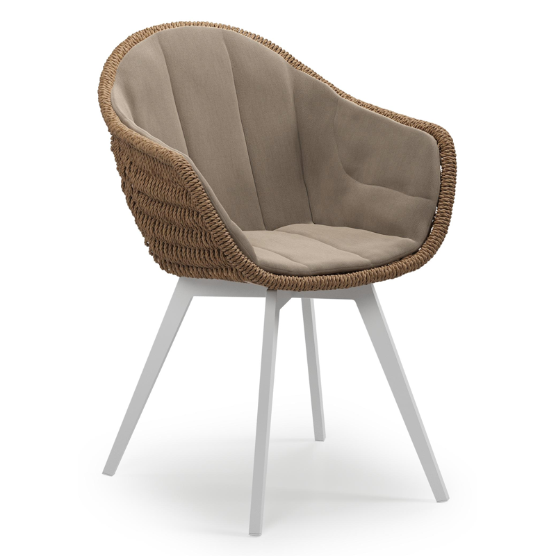 Pagino tuinstoel in wit aluminium en bruin ronde wicker met zitkussen in All Weather Sunbrella® Luxe Natte Heather Grey