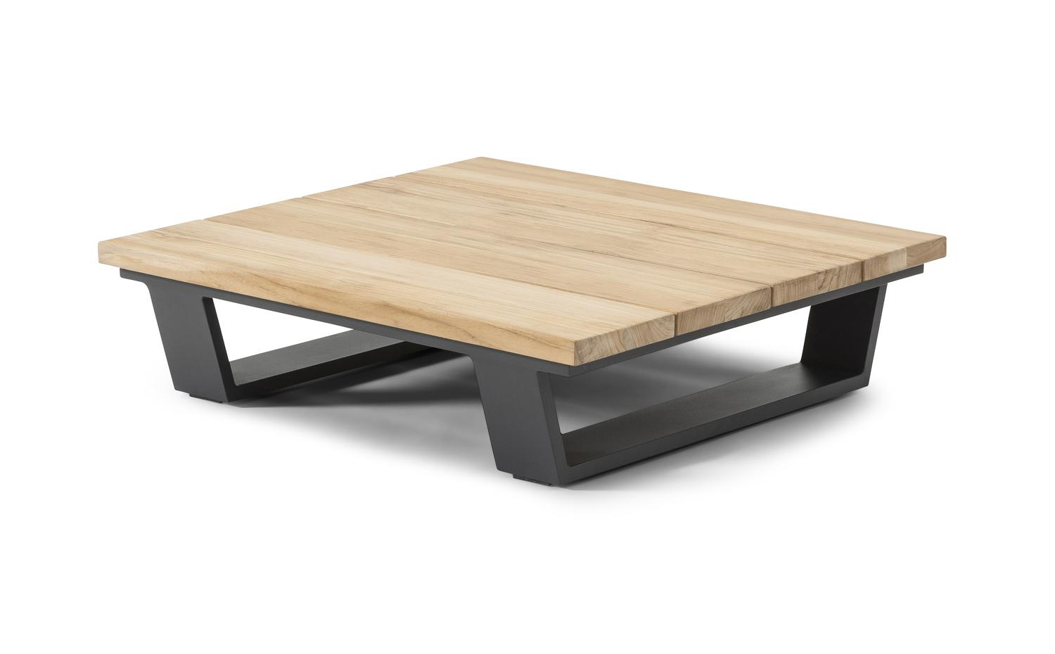 Table basse / pouf Pagino en aluminium noir et teck naturel - Lg 79,5 x larg. 79,5 x H 21 cm