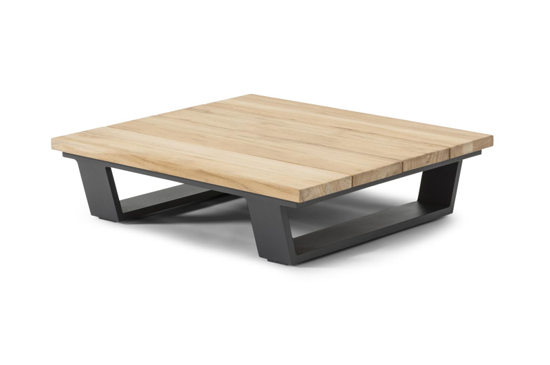 Table basse / pouf Pagino en aluminium noir et teck naturel - Lg 79,5 x larg. 79,5 x H 21 cm
