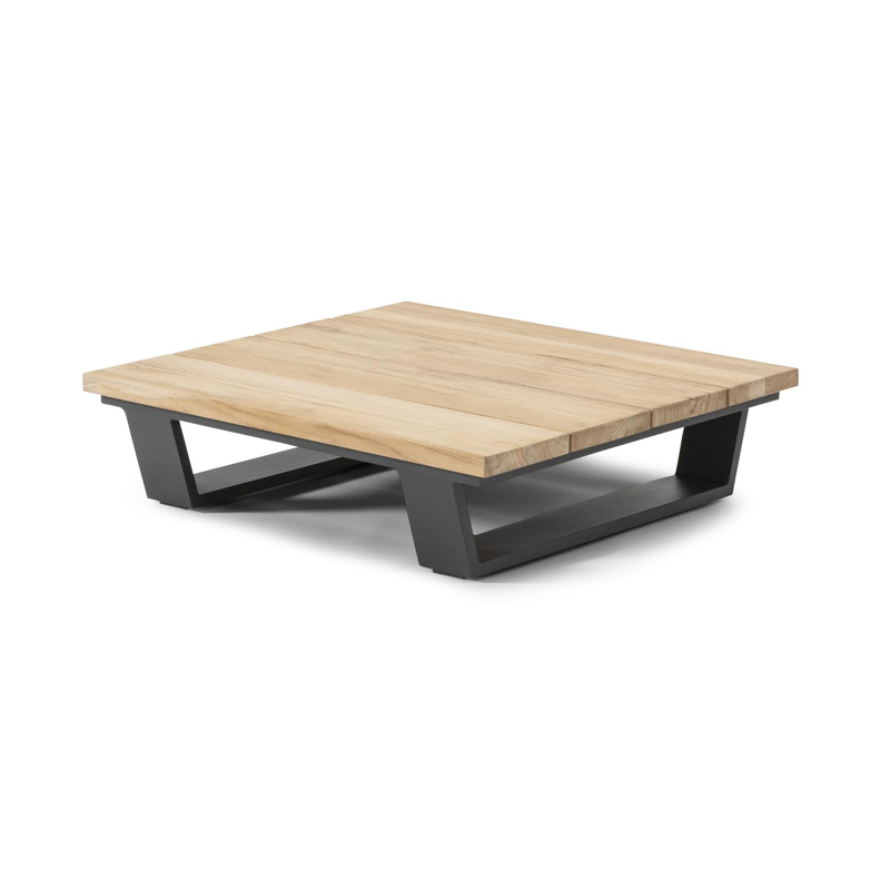 Table basse / pouf Pagino en aluminium noir et teck naturel - Lg 79,5 x larg. 79,5 x H 21 cm