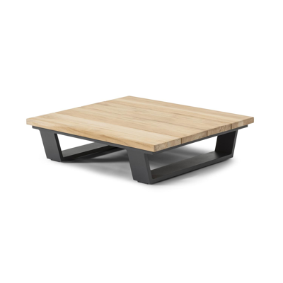 Table basse / pouf Pagino en aluminium noir et teck naturel - Lg 79,5 x larg. 79,5 x H 21 cm