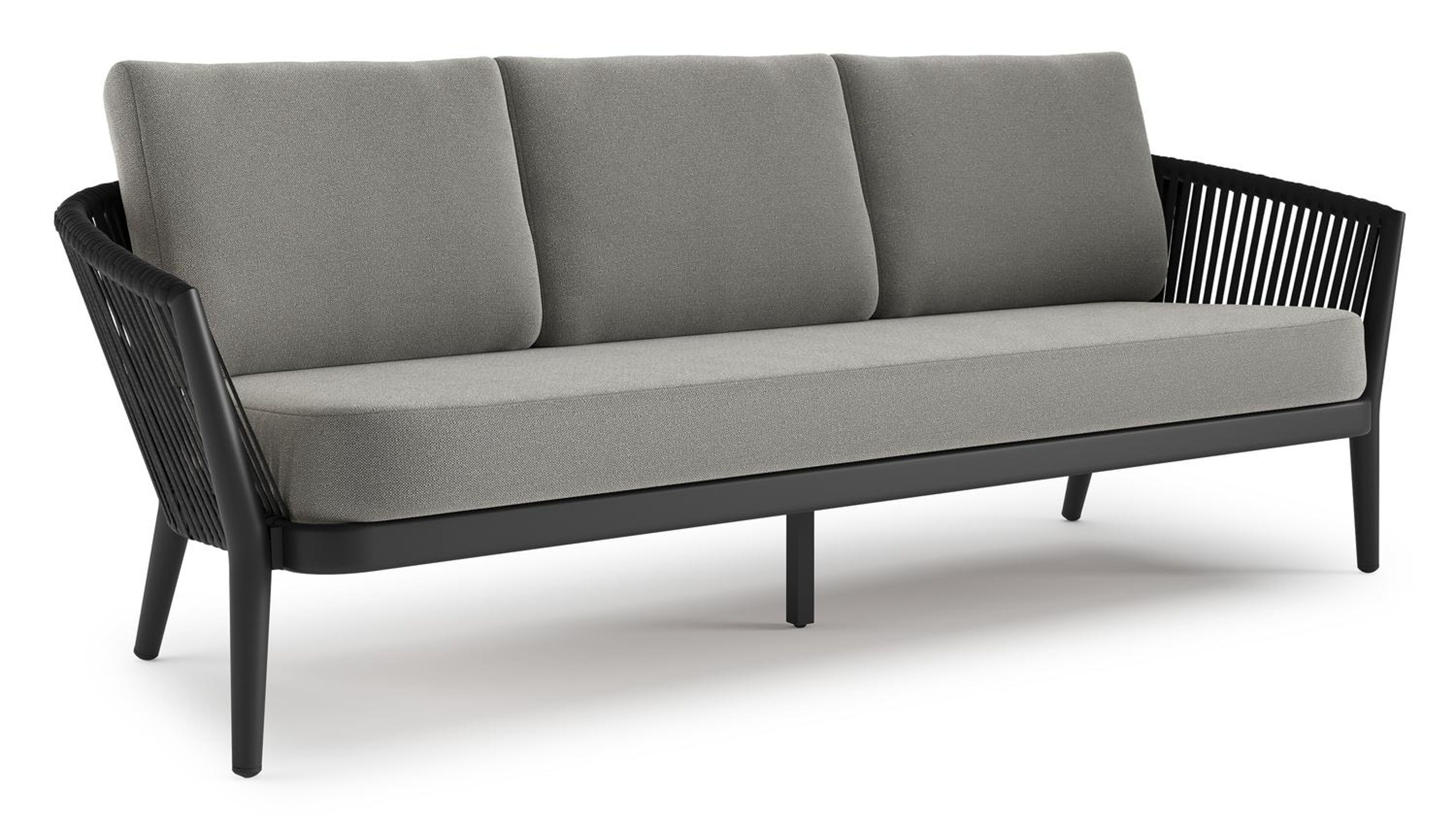 Canapé de jardin Orso en aluminium noir en corde luxe plate tissée verticalement noir et coussins en all weather sunbrella® luxe Savane Zinc