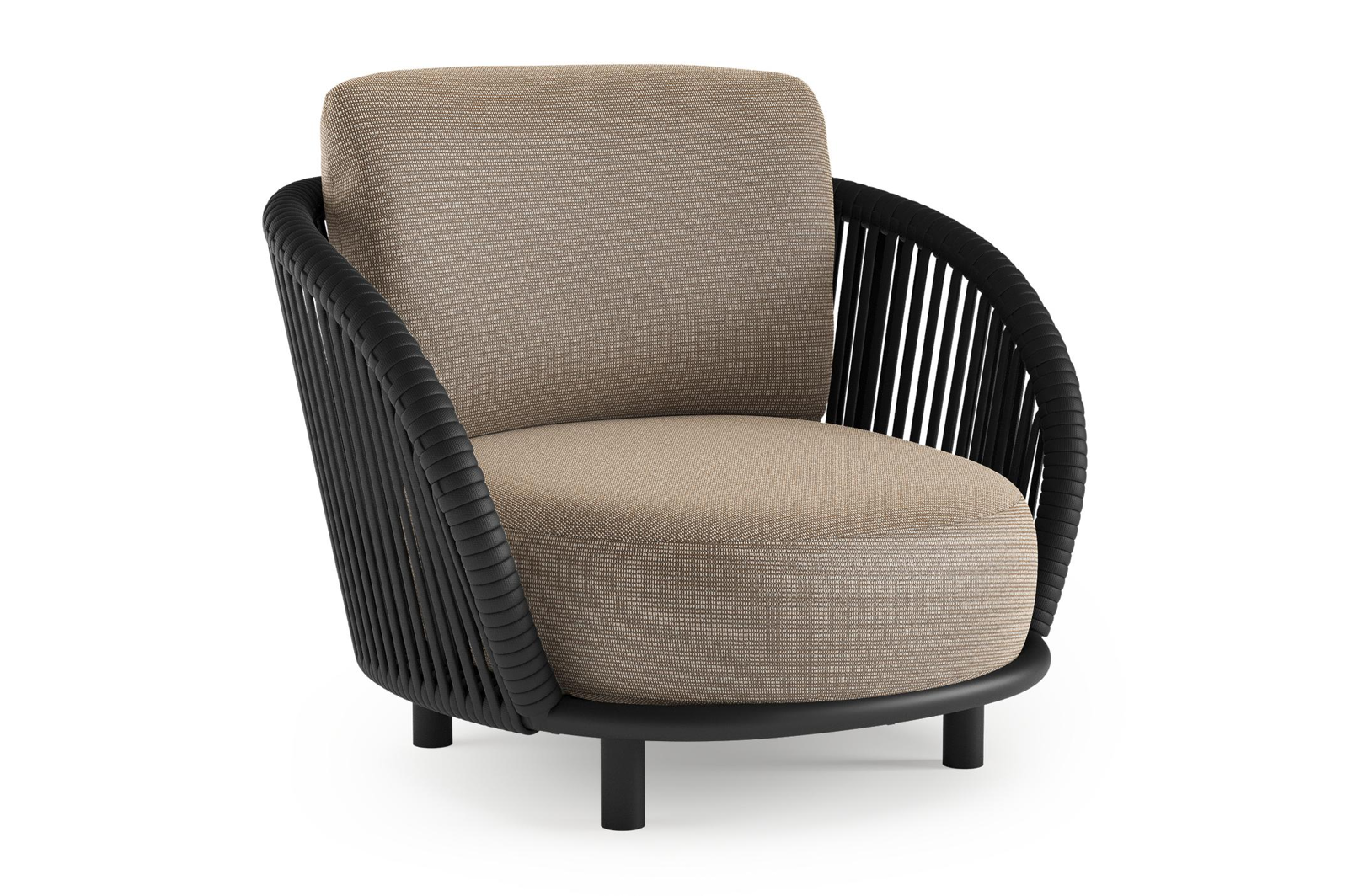 Lupino loungestoel in zwart aluminium en zwart verticaal geweven luxe vlakke brede rope met firenze earth all weather solica kussen