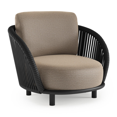 Lupino loungestoel in zwart aluminium en zwart verticaal geweven luxe vlakke brede rope met firenze earth all weather solica kussen