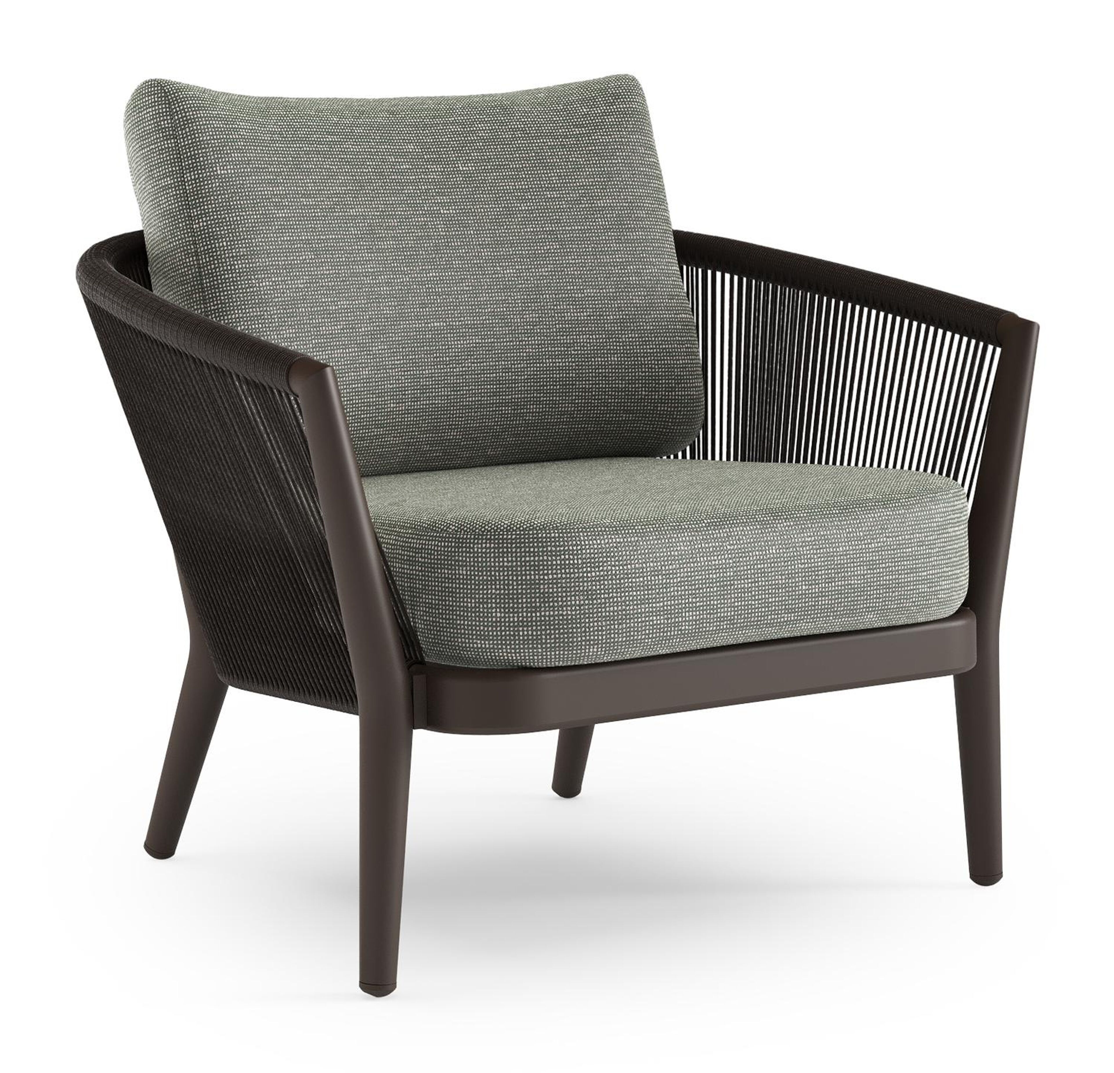 Orso loungestoel in donkerbruin aluminium en donkerbruin verticaal geweven ronde rope met Slow Fern all weather sunbrella® luxe kussen