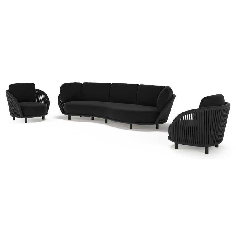 Salon de jardin Lupino en aluminium noir et corde large plate de luxe tissée verticalement noir et coussins en all weather sunbrella® luxe lopi baribal