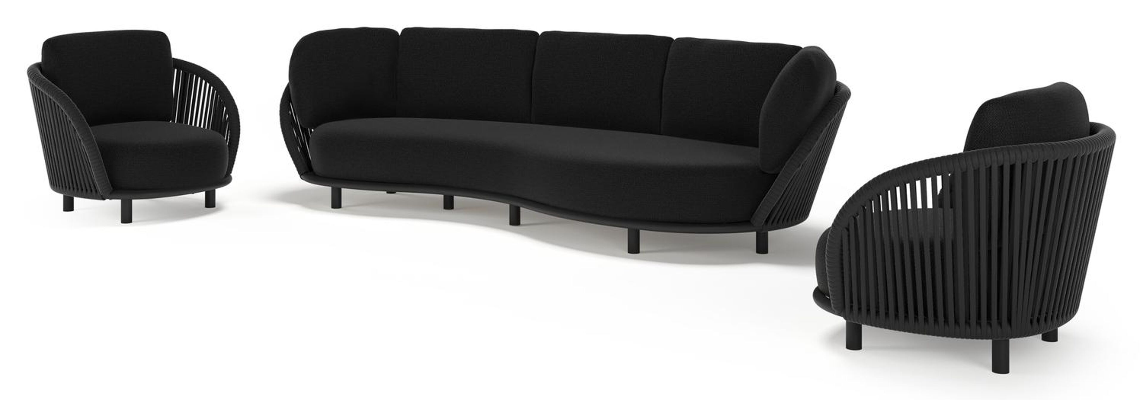 Salon de jardin Lupino en aluminium noir et corde large plate de luxe tissée verticalement noir et coussins en all weather sunbrella® luxe lopi baribal
