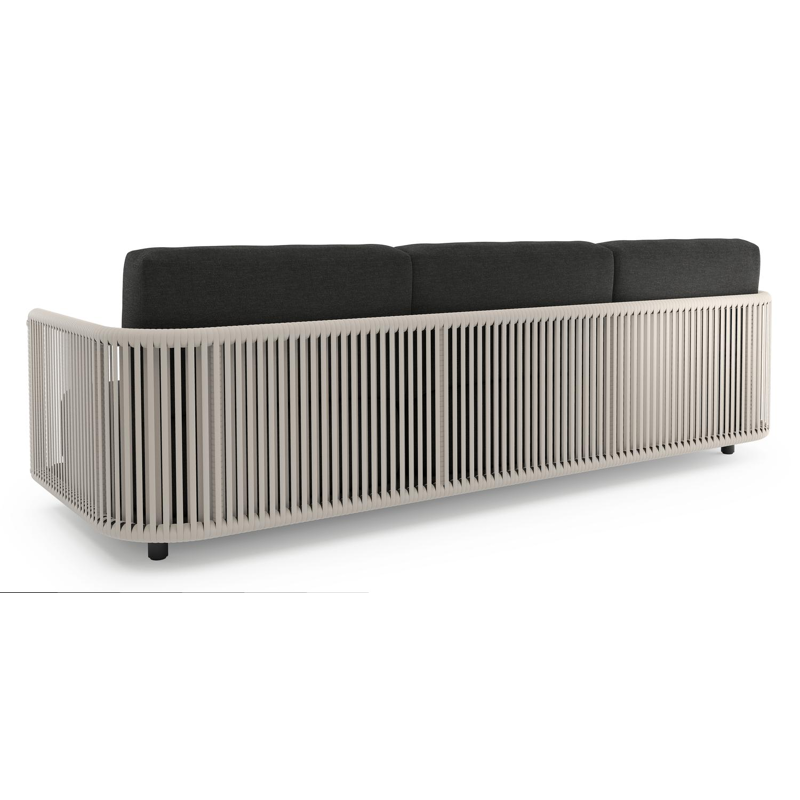 Organo loungebank 3-zit in zwart aluminium en beige verticaal geweven luxe vlakke rope met chartres sooty all weather sunbrella® luxe kussen