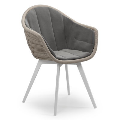 Pagino tuinstoel in wit aluminium en beige ronde wicker met kussen in natte charcoal chine all weather sunbrella® luxe