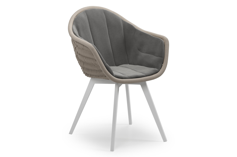 Pagino tuinstoel in wit aluminium en beige ronde wicker met kussen in natte charcoal chine all weather sunbrella® luxe