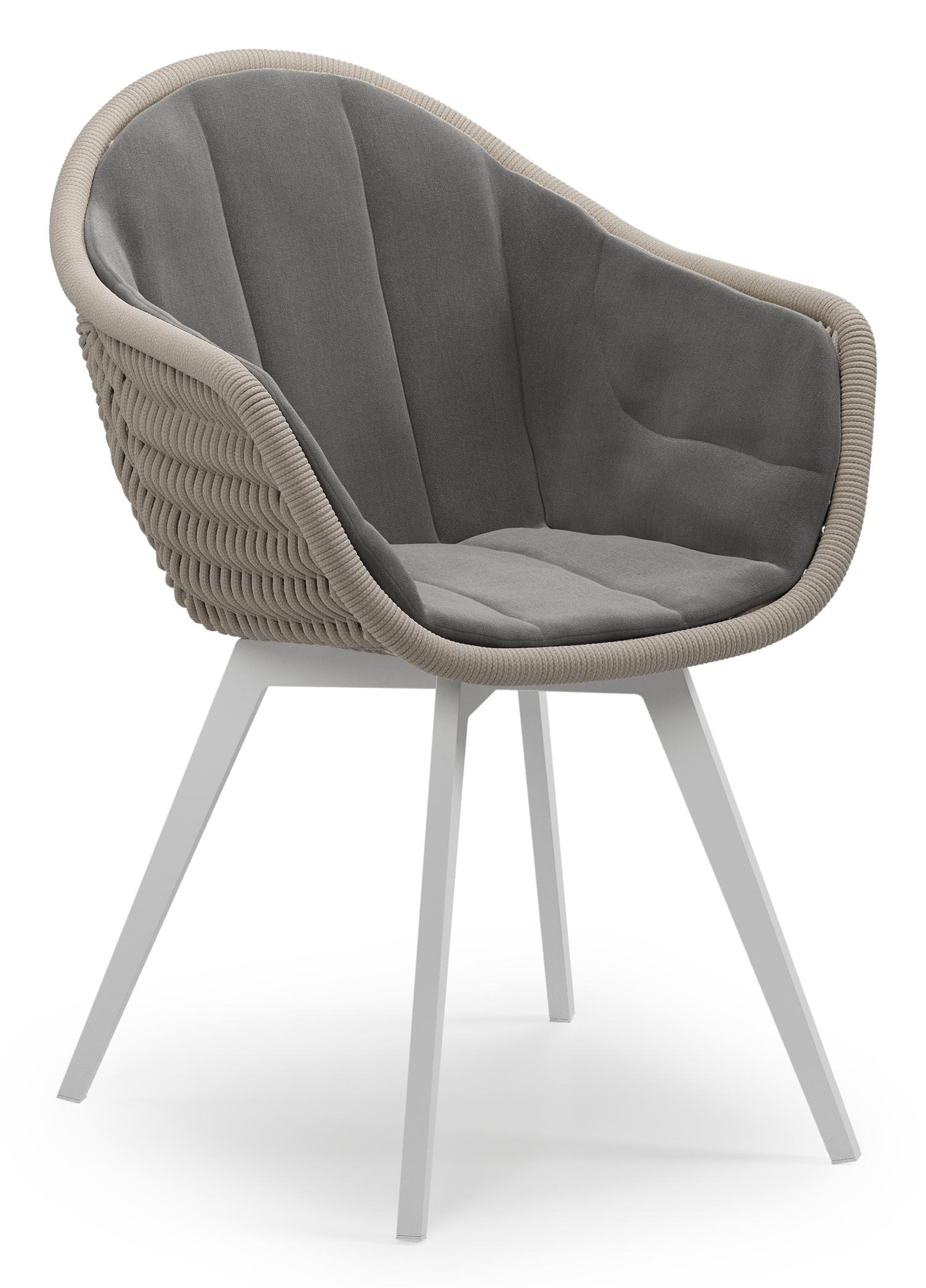 Pagino tuinstoel in wit aluminium en beige ronde wicker met kussen in natte charcoal chine all weather sunbrella® luxe