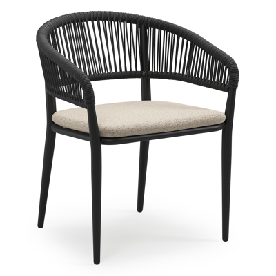 Tolfa stapelbare tuinstoel in zwart aluminium en zwart verticaal geweven ronde rope met stoelkussen in All Weather Cosytica Marbella Beige