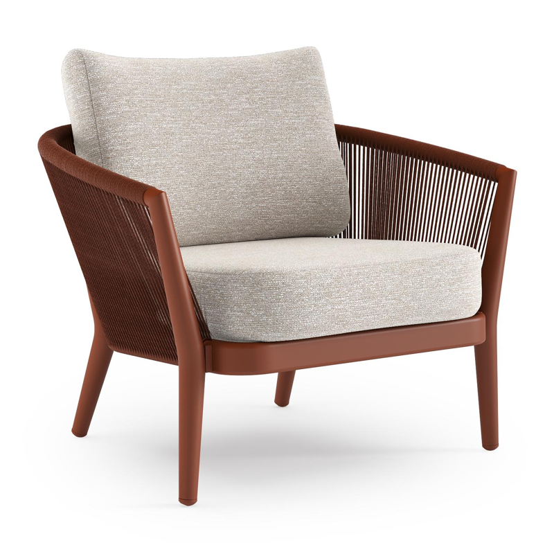 Orso loungestoel in roestbruin aluminium en roestbruin verticaal geweven ronde rope met Tundra Sand all weather sunbrella® luxe kussen