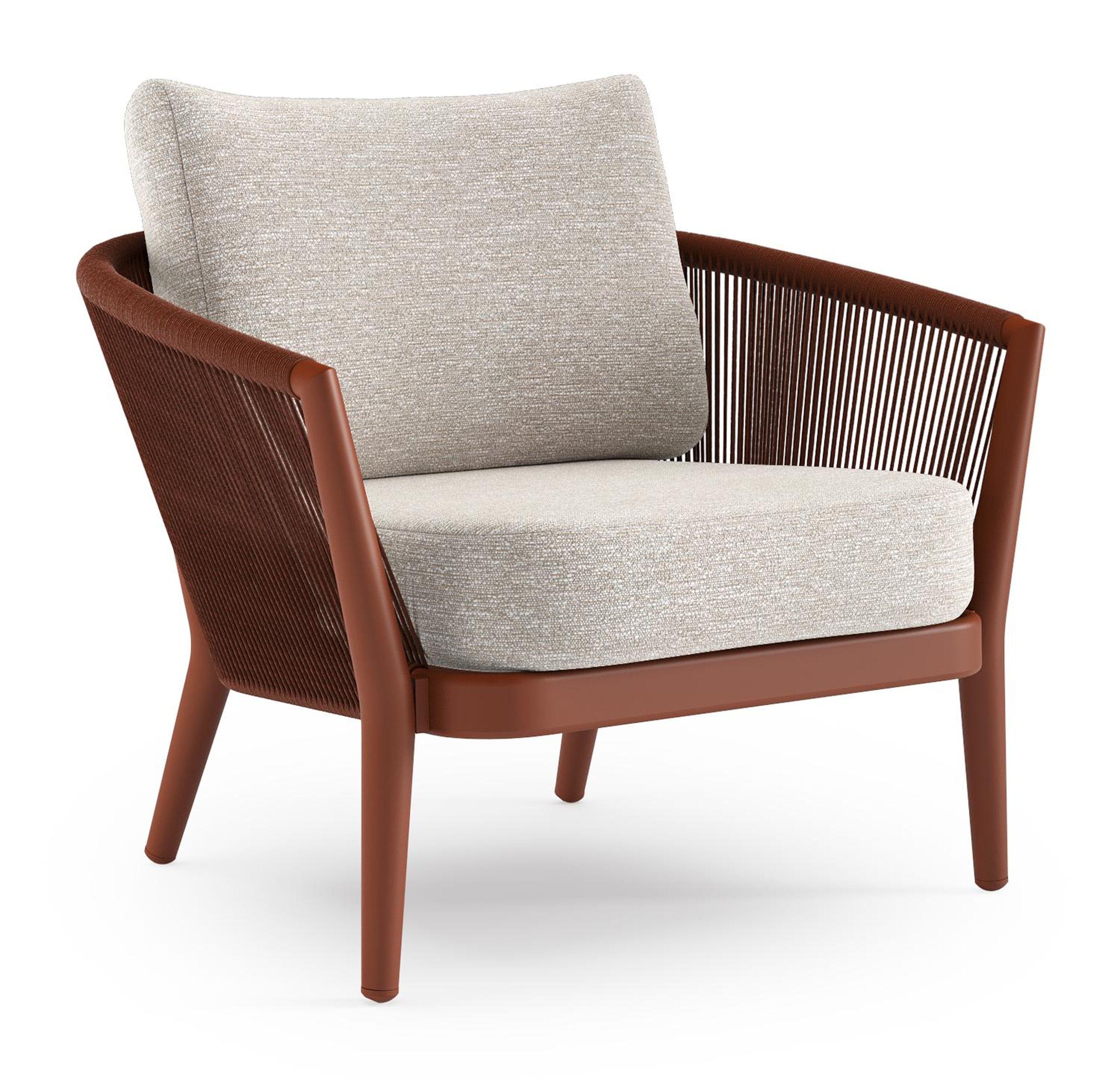 Orso loungestoel in roestbruin aluminium en roestbruin verticaal geweven ronde rope met Tundra Sand all weather sunbrella® luxe kussen