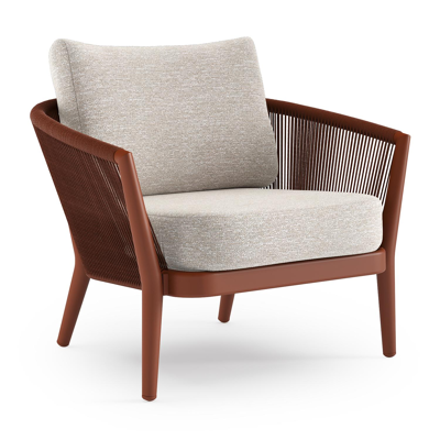 Orso loungestoel in roestbruin aluminium en roestbruin verticaal geweven ronde rope met Tundra Sand all weather sunbrella® luxe kussen