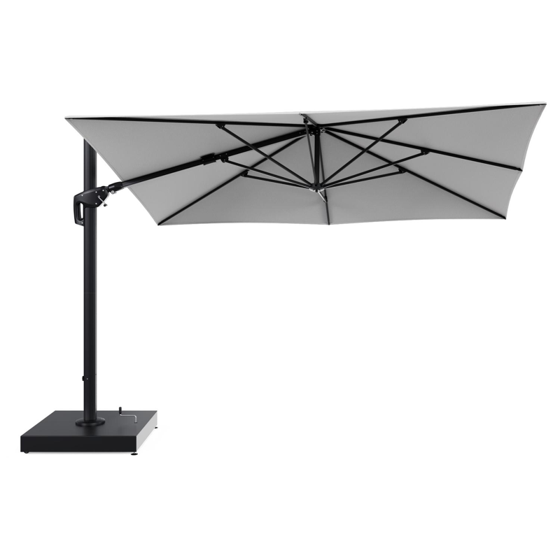 Minore zweefparasol met tiltfunctie in zwart aluminium en Ego Birch All Weather Solica parasoldoek - L1 280 x L2: 370 cm met parasolvoet Minore 260 kg met wielen