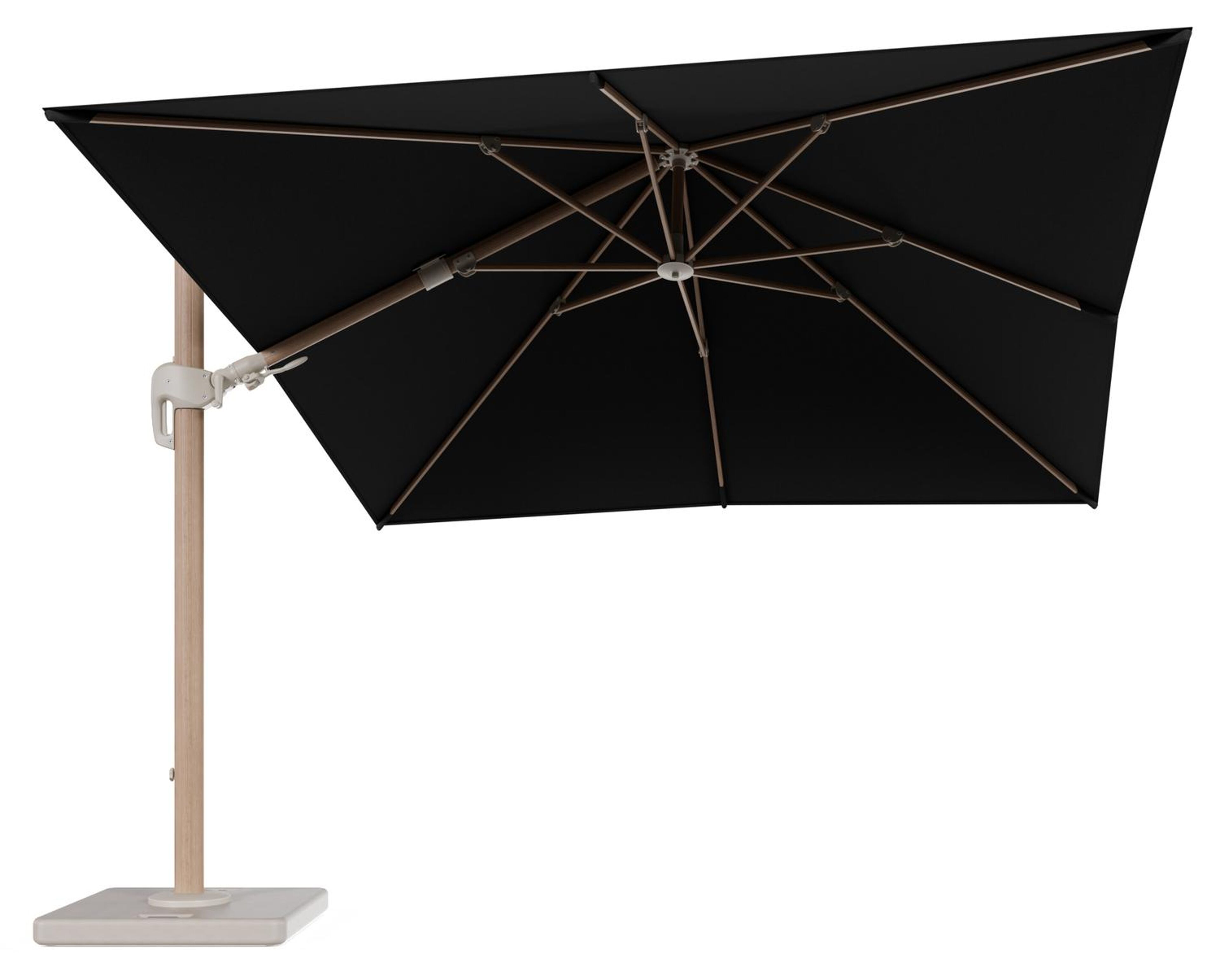 Rufina zweefparasol tiltfunctie in houtlook aluminium en parasoldoek in All Weather Sunbrella® Luxe Natte Sooty - L1 300 x L2 300 cm met parasolvoet Lapido 120 kg