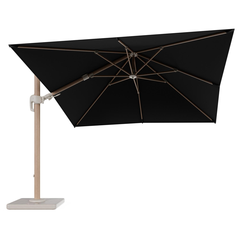 Rufina zweefparasol tiltfunctie in houtlook aluminium en parasoldoek in All Weather Sunbrella® Luxe Natte Sooty - L1 300 x L2 300 cm met parasolvoet Lapido 120 kg