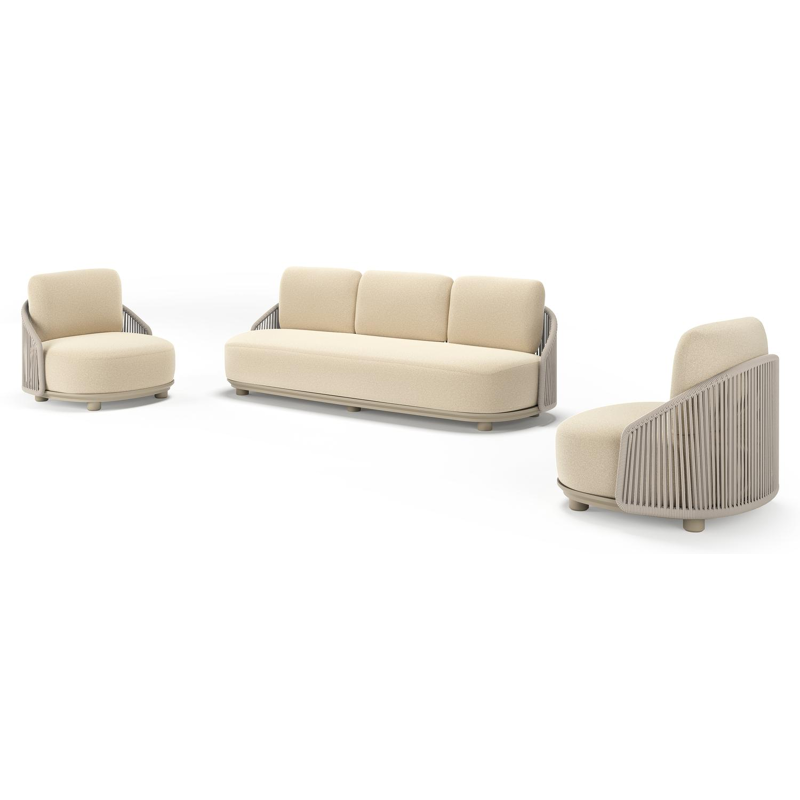 Vadelo loungeset in beige aluminium en beige verticaal geweven ronde rope met soul papyrus all weather solica kussen