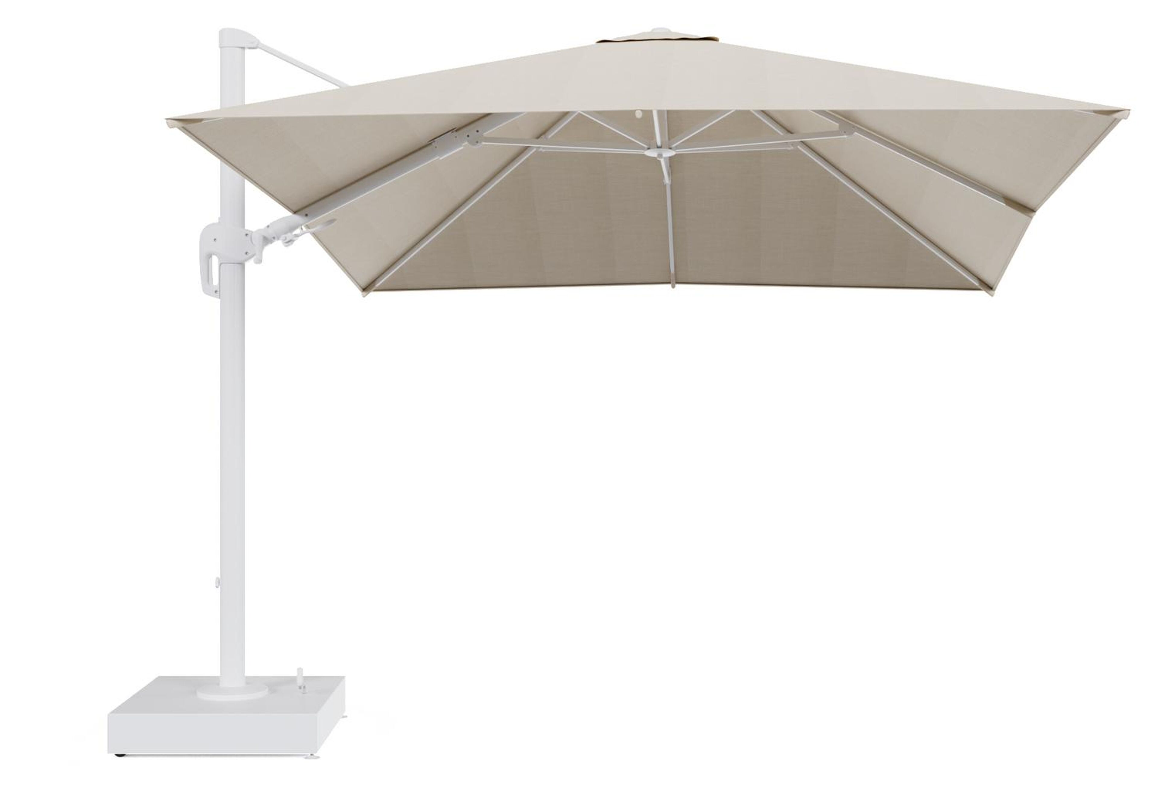 Rufina zweefparasol met tiltfunctie in wit aluminium en beige All Weather Sunbrella® Premium parasoldoek - L1 300 x L2 300 cm met parasolvoet Minore 150 kg met wielen