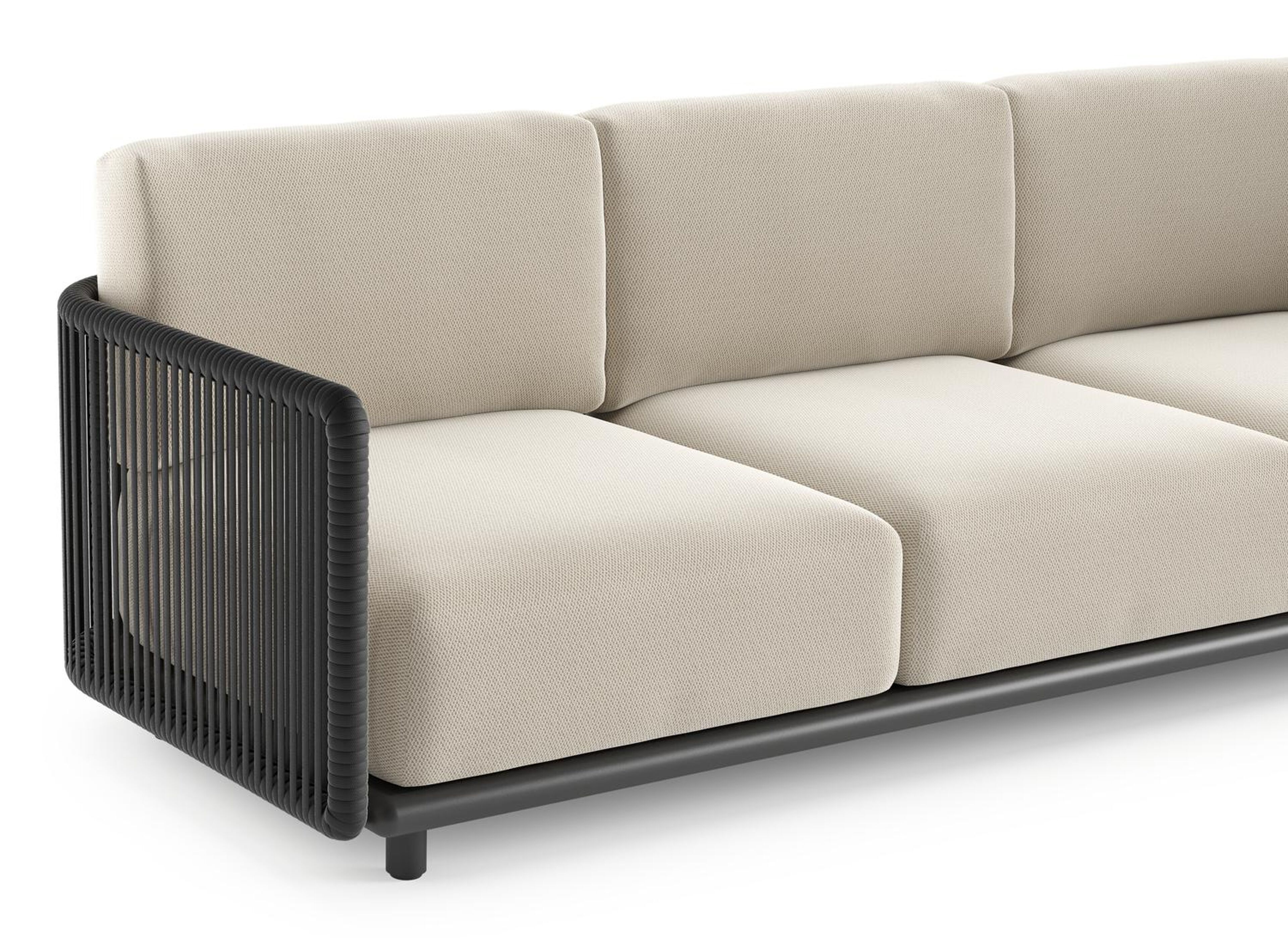Salon de jardin Organo en aluminium noir et corde luxe plate tissée verticalement noir et coussin en all weather Sunbrella® luxe lopi marble