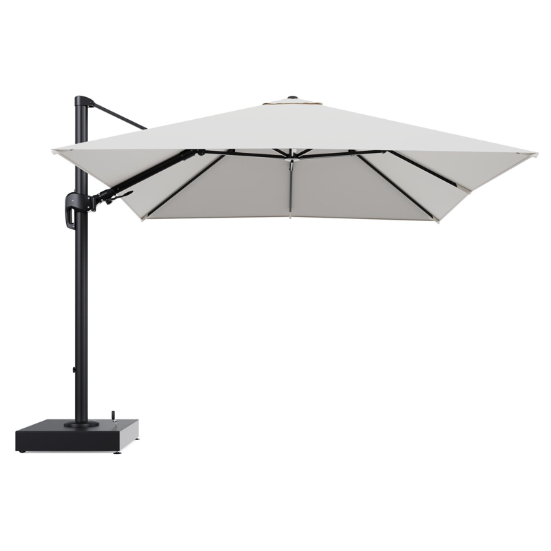 Rufina zweefparasol met tiltfunctie in zwart aluminium en Savane White All Weather Sunbrella® Luxe parasoldoek - L1 300 x L2 300 cm met parasolvoet Minore 150 kg met wielen