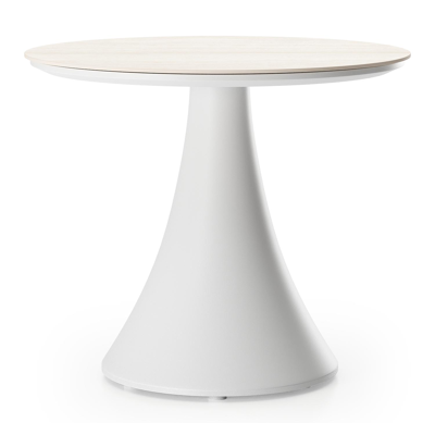 Fano low dining loungetafel rond in wit aluminium en volkeramiek Travertino Bianco - Dia. 65 x H 40 cm