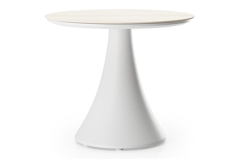 Fano low dining loungetafel rond in wit aluminium en volkeramiek Travertino Bianco - Dia. 65 x H 40 cm